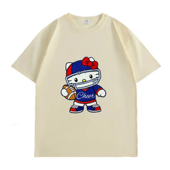 VINESU Sports Style Hello Kitty Football-Themed Textured Embroidered Short-Sleeve T-Shirt