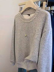 VINESU A42 Women’s Oversized Pearl Embellished Crewneck Sweatshirt | Floral Accent Casual Top