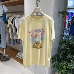 A128 - Premium 220g Cotton Graphic Tee – Cute "See You Hello" Duck with 3D Beaded Crown & Embroidery – Oversized Casual Streetwear