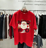 VINESU Hand-Embedded Diamond Cotton Christmas T-Shirt - Creative "HO HO" Santa Print Tee