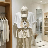 A119 - Vintage French Style Dog Tee - 220g Pure Cotton with Floral Beret Patch & 3D Ribbon Detail