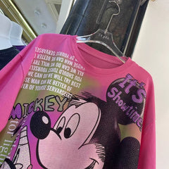 A194 - Oversized Heavyweight 320g Cotton Graphic Tee - Luxury Rhinestone Mickey Streetwear T-Shirt with Double-Sided Print