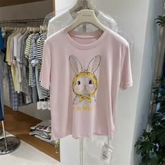 A122 -220g Cotton Tee with Hand-Beaded Bunny & Floral Hood Motif