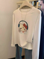 VINESU A44 Women’s Oversized Hello Kitty Headphone Graphic Long Sleeve Tee | Sanrio Coquette Top
