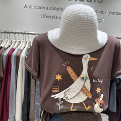 A106 - "Hi, July!" Artistic Goose Graphic T-Shirt - 220g Ultra-Heavyweight Cotton Tee with 3D Beaded Necklace & Patchwork Details