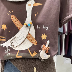 A106 - "Hi, July!" Artistic Goose Graphic T-Shirt - 220g Ultra-Heavyweight Cotton Tee with 3D Beaded Necklace & Patchwork Details