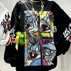 VINESU B02 - Hand-Studded Rhinestone Bunny Grid Oversized Sweatshirt