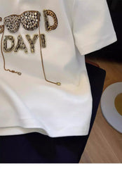 VINESU A39 Rhinestone Sunglasses Embellished Oversized T-Shirt | DAYI Chain Detail White Tee