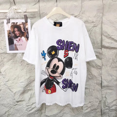 VINESU MKT07 - Oversized Graffiti Mouse T-Shirt for Women - 220g Breathable Cotton with Pearl & Rhinestone Embellishments (Sizes S-3XL)