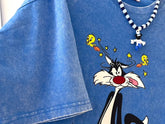 Vinesu A65 - Vintage Tweety & Sylvester Distressed Print T-Shirt | Loose Casual Spring/Summer Top (230GSM 100% Cotton)