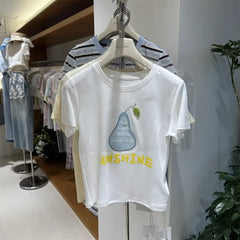 A118 - Premium 220 GSM Heavyweight Cotton Tee - Pear Graphic with Handmade Beaded Leaf & 3D Patch Embroidery