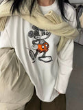 Vinesu A56 - Premium 100% Cotton Long Sleeve Graphic Tee - Cute Cartoon Mouse Print - Loose Fit Spring/Autumn Couple T-shirt in White