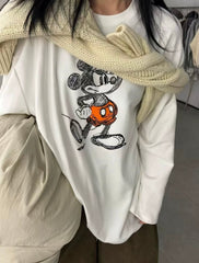 Vinesu A56 - Premium 100% Cotton Long Sleeve Graphic Tee - Cute Cartoon Mouse Print - Loose Fit Spring/Autumn Couple T-shirt in White