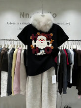 VINESU Hand-Embedded Diamond Cotton Christmas T-Shirt - Creative "HO HO" Santa Print Tee