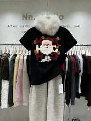 VINESU Hand-Embedded Diamond Cotton Christmas T-Shirt - Creative "HO HO" Santa Print Tee