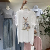 A136 - Oversized Rabbit Embroidery Tee - 220g Premium Cotton with Silver Bead Accents