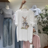 A136 - Oversized Rabbit Embroidery Tee - 220g Premium Cotton with Silver Bead Accents