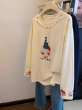VINESU A43 Women’s Oversized Cat Graphic Long Sleeve Tee | Heart Accent Coquette Top