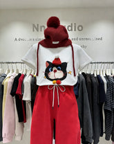 VINESU A48 Oversized 3D Christmas Cat Graphic Tee | Blessing Coquette Top
