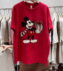 VINESU Christmas MK Mouse Textured Embroidered Red Short-Sleeve T-Shirt