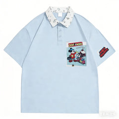 Vinesu A78 - Vintage Mickey-Inspired Comic Patch Floral Collar Polo Shirt | Loose Casual Short-Sleeve Top