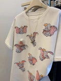 VINESU 3D Cute Flying Elephant Graphic Oversized Tee | Handmade Hat, Heart Necklace & Beaded Rhinestone Details