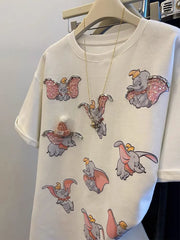 VINESU 3D Cute Flying Elephant Graphic Oversized Tee | Handmade Hat, Heart Necklace & Beaded Rhinestone Details
