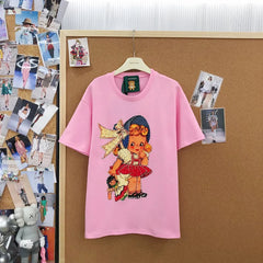 VINESU A19 - Vintage Girl & Doll Pearl & Rhinestone Embellished Cotton T-Shirt