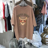 VINESU A28 - Rhinestone Leopard Head Chain Oversized Tee, Brave Spirit Graphic Print T-Shirt