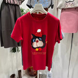 VINESU A48 Oversized 3D Christmas Cat Graphic Tee | Blessing Coquette Top