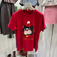 VINESU A48 Oversized 3D Christmas Cat Graphic Tee | Blessing Coquette Top