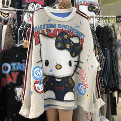 Sequin Embroidered HELLOKITTY Character Lightweight Sweatshirt – Double Side Graphic Crewneck