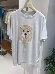 A119 - Vintage French Style Dog Tee - 220g Pure Cotton with Floral Beret Patch & 3D Ribbon Detail
