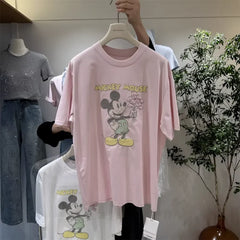 A138 - 2026 New Versatile Cotton Short Sleeve T-Shirt: Mickey Embroidery, Sequins, and 3D Flower Details
