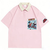 Vinesu A78 - Vintage Mickey-Inspired Comic Patch Floral Collar Polo Shirt | Loose Casual Short-Sleeve Top