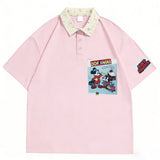 Vinesu A78 - Vintage Mickey-Inspired Comic Patch Floral Collar Polo Shirt | Loose Casual Short-Sleeve Top
