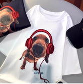 A141 - Hand-Embroidered Dachshund with Headphones Graphic T-Shirt - 100% Premium Cotton (220g) - Funny Dog Lover Tee