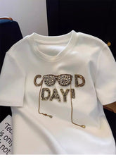 VINESU A39 Rhinestone Sunglasses Embellished Oversized T-Shirt | DAYI Chain Detail White Tee