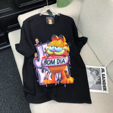 VINESU Rhinestone-Embellished Lazy Cat BOM DIA T-Shirt