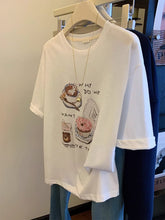 VINESU A32 - 220g Heavyweight Hand-painted Dessert Print Oversized White T-Shirt with Beaded Accents