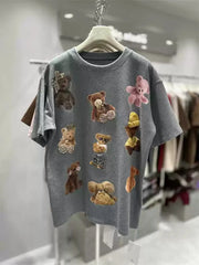 VINESU All-Over Teddy Bear Embroidery Heavyweight Tee
