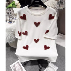 VINESU Spring New Creative Design-Brushed Flocking Diamond Heart Short Sleeve