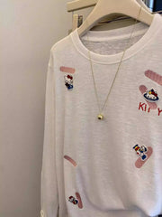 VINESU A46 Women’s Oversized Hello Kitty All-Over Embroidery Long Sleeve Tee | Sanrio Coquette Top