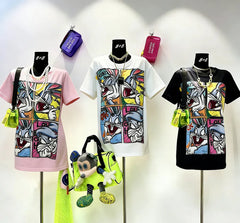 VINESU B03 - Hand-Studded Rhinestone Bunny Grid 220g Cotton Oversized Tee