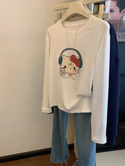 VINESU A44 Women’s Oversized Hello Kitty Headphone Graphic Long Sleeve Tee | Sanrio Coquette Top