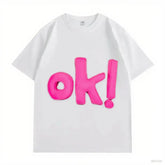VINESU OK! Letter 3D - Decorated White T-shirts 💗 Unlock Casual Trendy Vibe-Pink