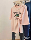 VINESU Slate Gray Lace-Trimmed T-Shirt with Hand-Sewn Beadwork