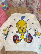 Vinesu A57 - Handmade Retro Tweety Bird Patchwork Crewneck | Oversized Heather Gray 90s Aesthetic Sweatshirt
