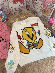 Vinesu A57 - Handmade Retro Tweety Bird Patchwork Crewneck | Oversized Heather Gray 90s Aesthetic Sweatshirt