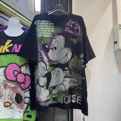 A194 - Oversized Heavyweight 320g Cotton Graphic Tee - Luxury Rhinestone Mickey Streetwear T-Shirt with Double-Sided Print